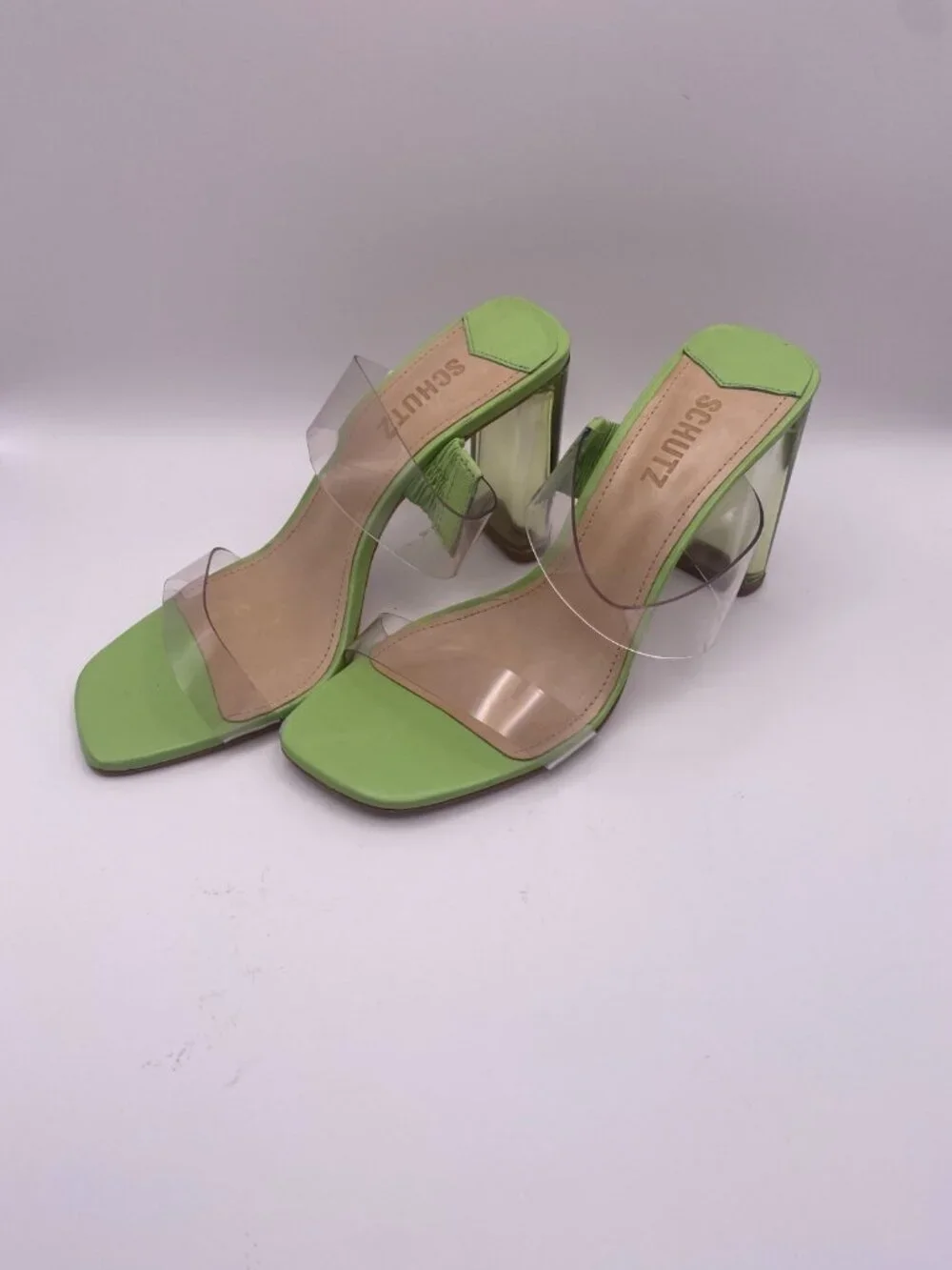 Schutz Womens Ariella Acrylic Green Double Strap Sandal Sz 8B